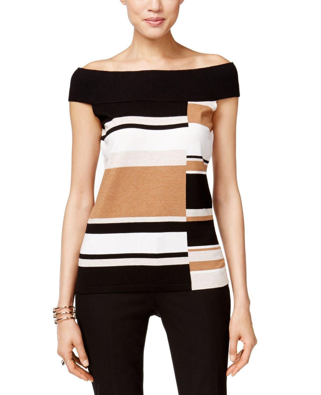 INC International Concepts Petite Colorblocked Off-The-Shoulder Sweater