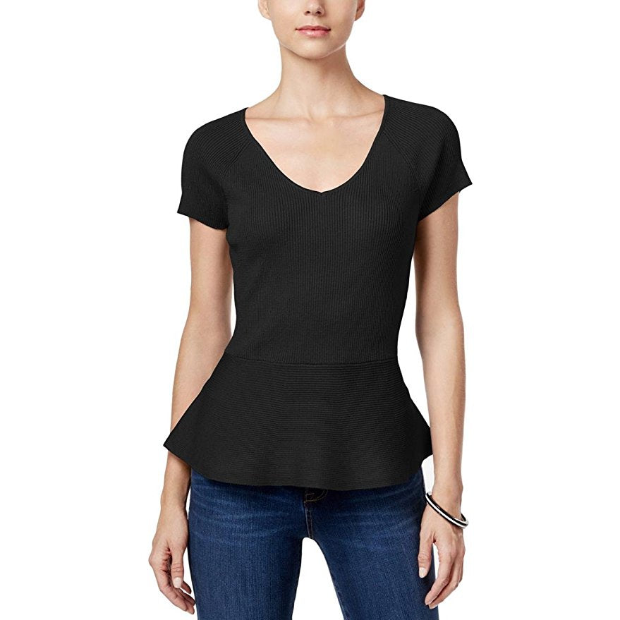 INC International Concepts Petite Ribbed Peplum Sweater Deep Black