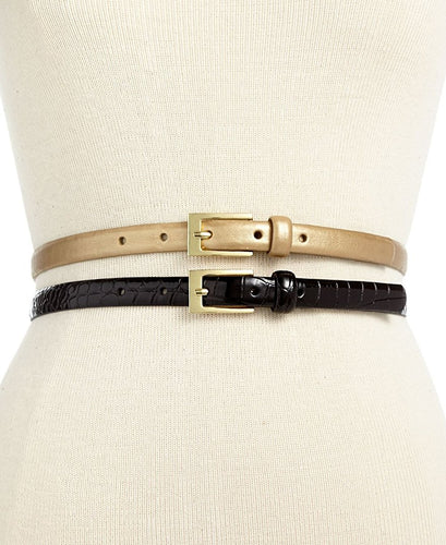 Style & Co  2 for 1 Croco Patent Black Gold Skinny Belt
