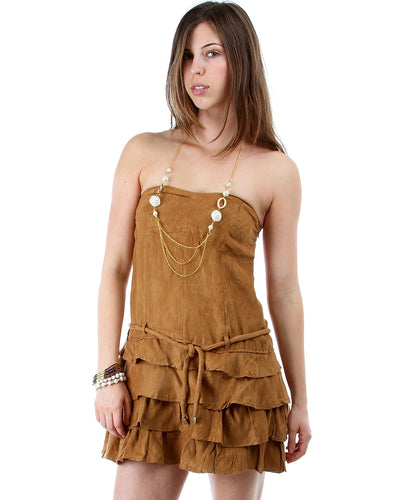 S & S Womens Khaki Suede Strapless Tier Dress with Waist Tie