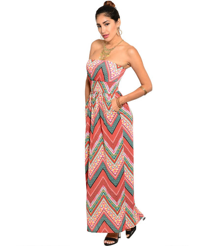 Rachel Kate Womens Strapless Coral Mint Rust Maxi Dress Small