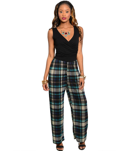 Gilli Womens Black/Teal/Tan Jumpsuit Large