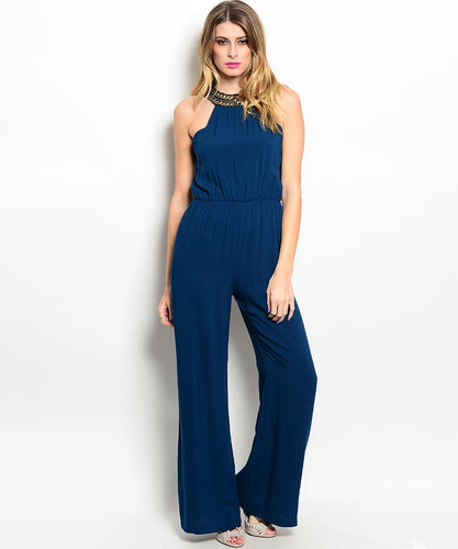 Honey Punch Womens Embellished Neck Band Navy Jumpsuit
