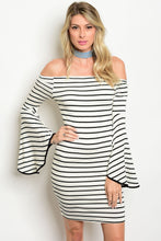 Bo Bel Ivory Black Stripe Off-the-Shoulder Dress