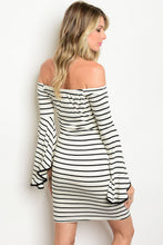 Bo Bel Ivory Black Stripe Off-the-Shoulder Dress