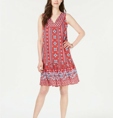 Style & Co Women's Geo Medley Printed Flounce-Hem Dress Red Size Large