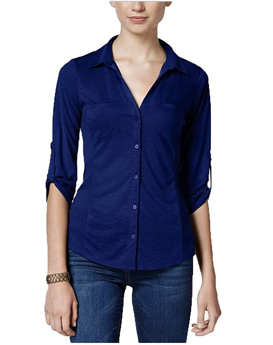 Almost Famous Juniors Ribbed-Panel Button-Down Utility Shirt