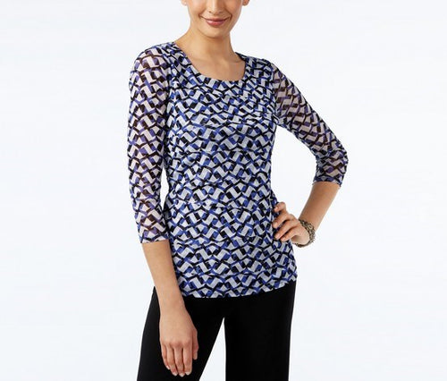 Alfani Petite Printed Tiered Mesh Top Graphic Layer Blue