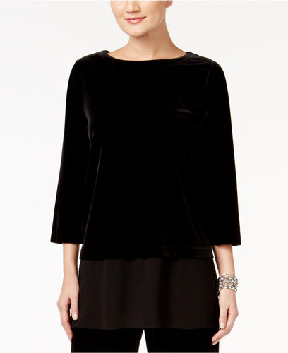 Alfani Petite Layered-Look Velvet Top Deep Black PM