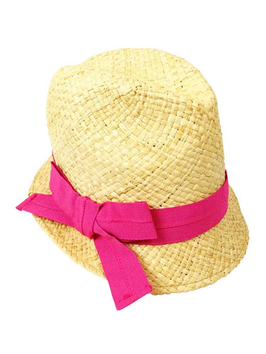 AQUA Brand Bettina Women's Straw Fedora Hat with Pink Bow