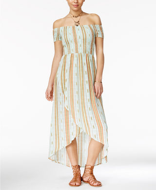 American Rag Juniors Striped Off-The-Shoulder Tulip Front Green L