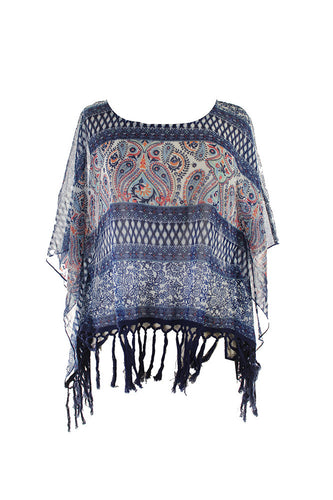 American Rag Blue Multi Printed Sheer Poncho Top M-L