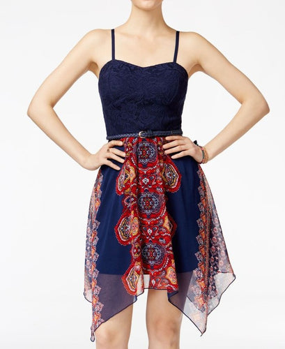 As U Wish Juniors Crochet Printed Belted Dress Size M