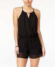BCX Juniors Hardware-Trim Faux Wrap Romper Black XS