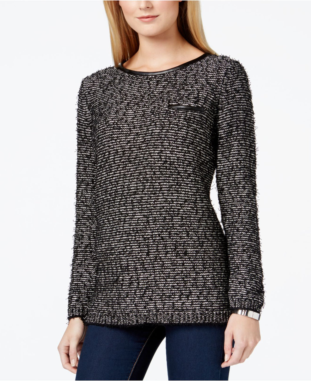 Calvin Klein Faux-leather-trim Eyelash Sweater Size X-Large