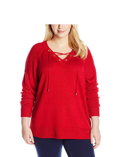 Calvin Klein Women's Plus-Size Lace Up V-Neck Sweater Size XXL