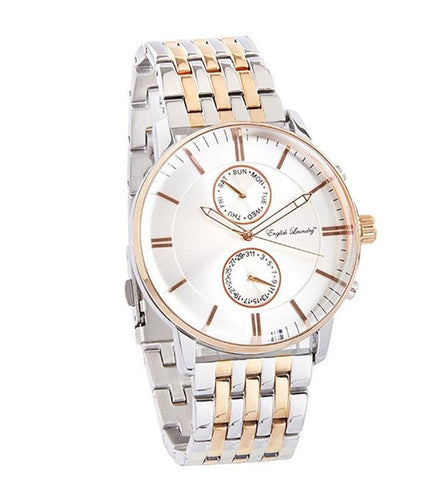 English Laundry Men's Round Silver Face Silver/Rose Gold Chainlink Strap Watch