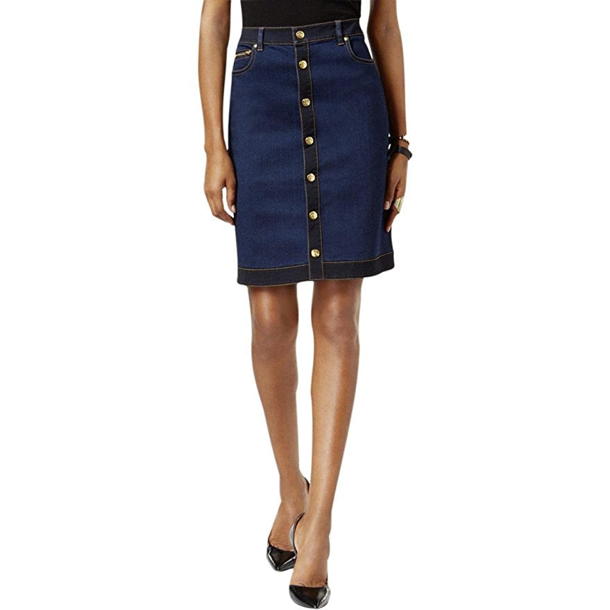 INC Womens Petites Button-Front Regular Fit Denim Skirt