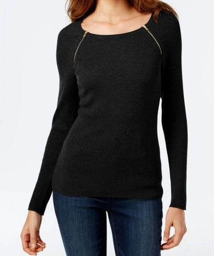 INC International Concepts Double-Zip Ribbed Sweater Black  L