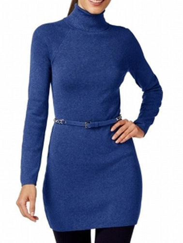 INC Turtleneck Long-Sleeve Chain-Belt Sweater Dress Goddess Blue Size Large