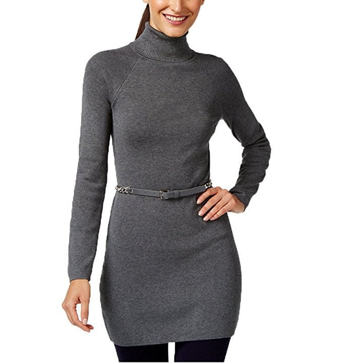 INC Turtleneck Long-Sleeve Chain-Belt Sweater Dress