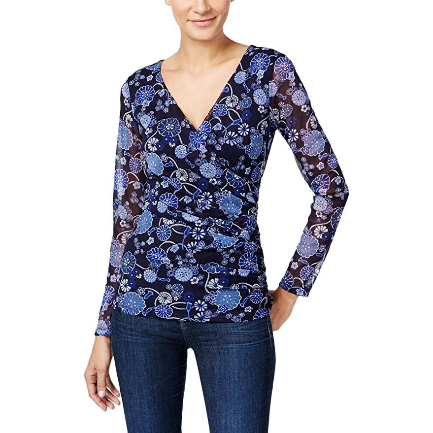 INC International Concepts Petite Printed Faux-Wrap Top Eastern Floral