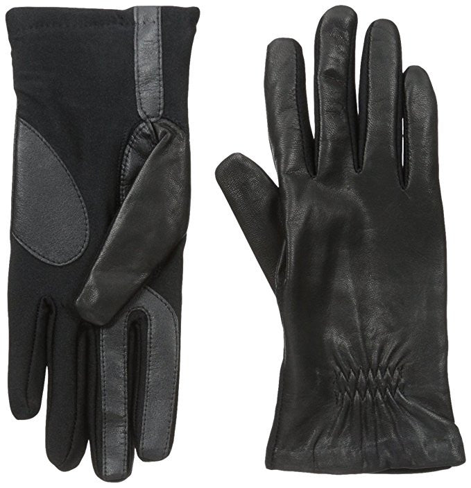 Isotoner Women's Smartouch Stretch Leather Glove with Partial Back Gather Black M/L