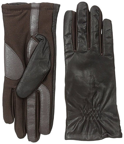 Isotoner Women's Smartouch Stretch Leather Glove with Partial Back Gather Brown XL