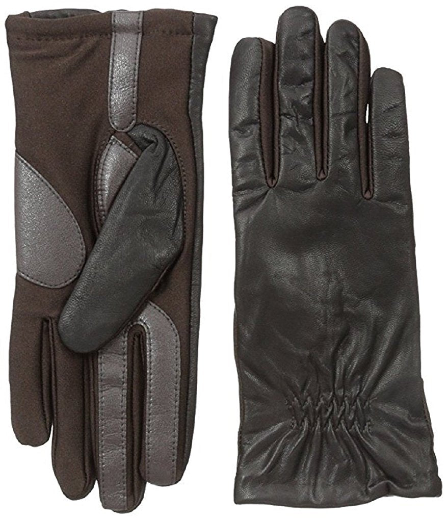 Isotoner Women's Smartouch Stretch Leather Glove with Partial Back Gather Brown XL