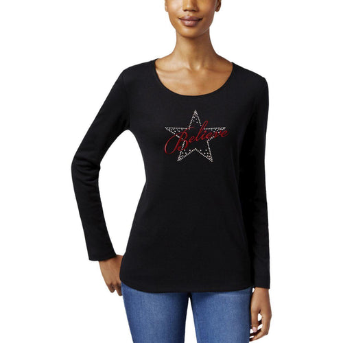 Karen Scott Petite Embellished Believe Graphic Top Deep Black PM
