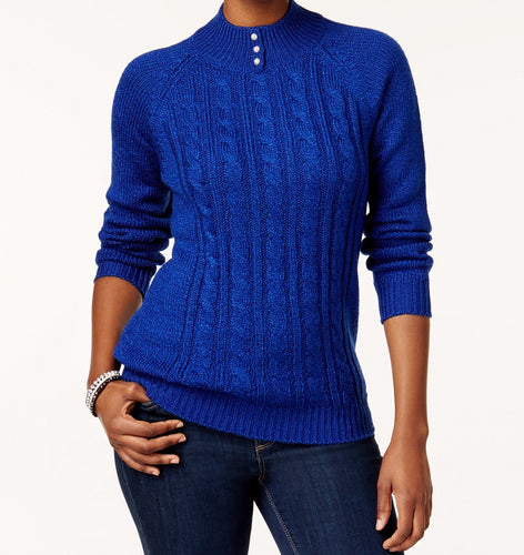 Karen Scott Petite Cable-Knit Marled Mock- Bright Blue PS