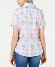 Karen Scott Posey Plaid Cotton Shirt Blue Chambray Combo Medium