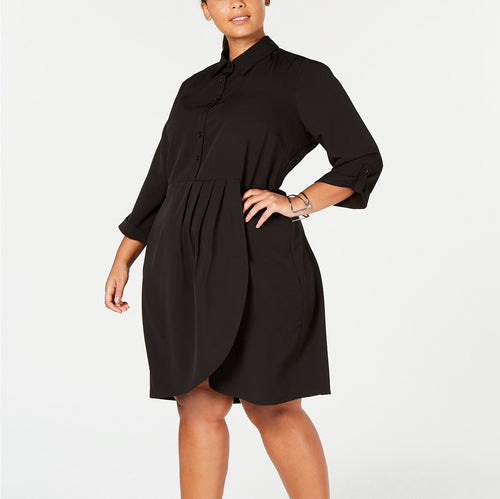 Love Squared Trendy Plus Size Cascade Wrap Shirtdress Black 1X