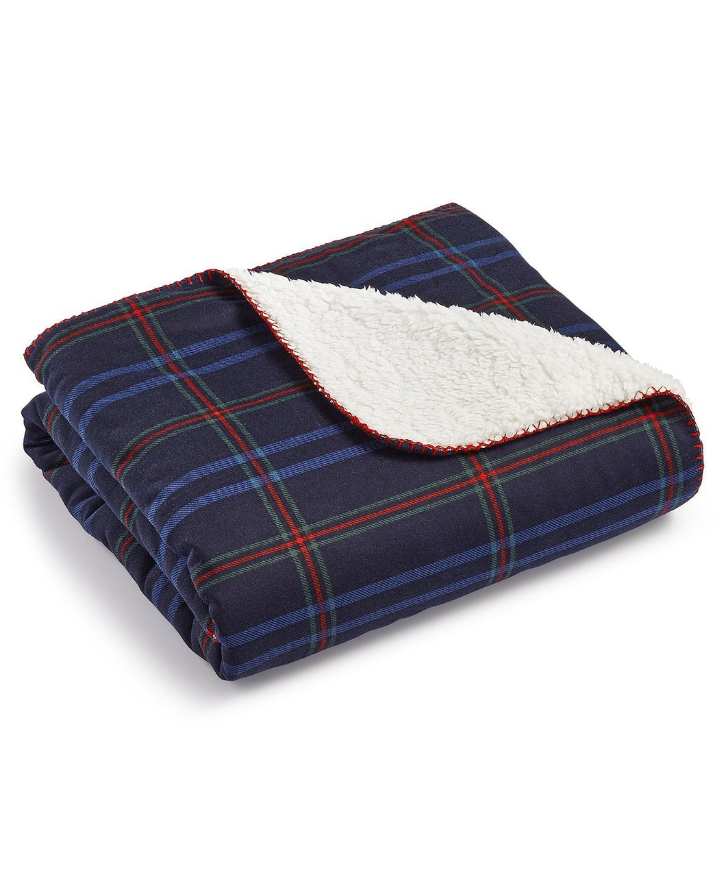 Martha Stewart Collection Reversible Faux-Sherpa Navy Plaid Throw