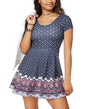 Planet Gold Juniors' Printed Double-Scoop Skater Dress Blue Combo XS