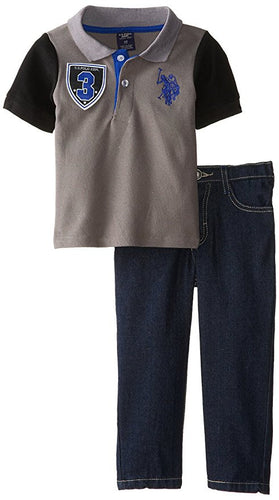 U.S. Polo Assn. Little Boys' Solid Polo with Contrast Color Sleeves and Denim Jean Set Dark Grey 7