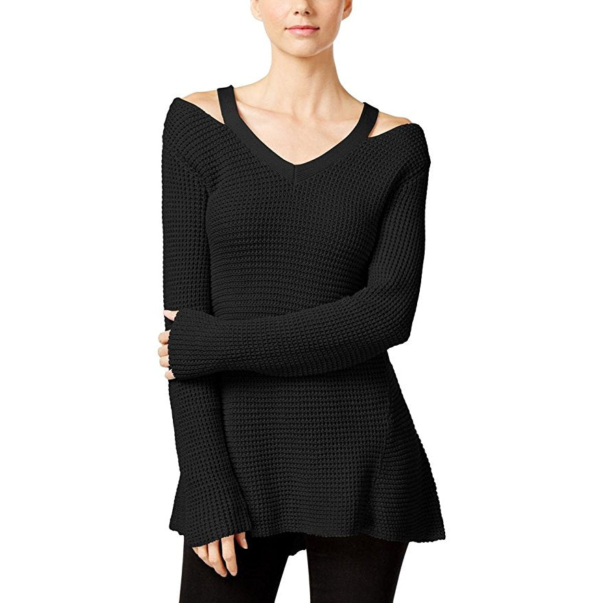Style & Co Petite High-Low Cutout Sweater Deep Black