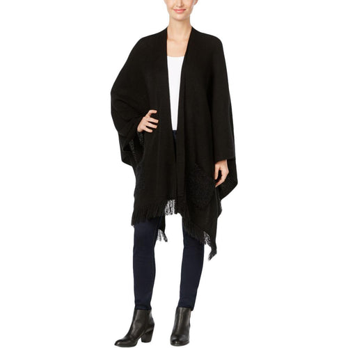 Style & Co Petite Poncho-Sleeve Fringe Cardigan Deep Black