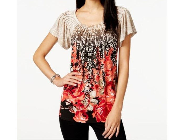 Style & Co. Printed Pleat-Neck Top Size Medium