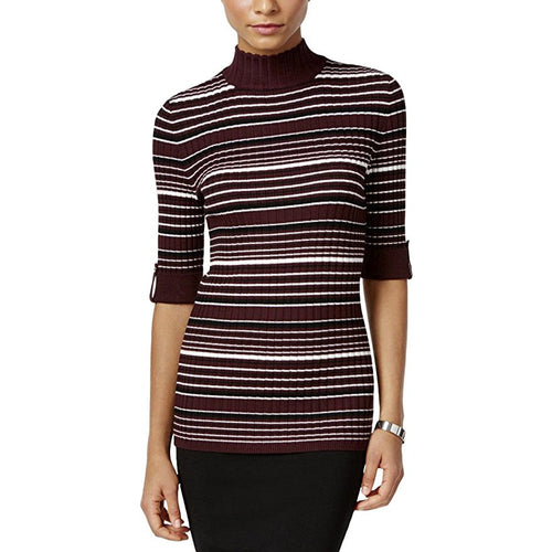 Style & Co Petite Striped Mock-Neck Sweater Dried Plum Combo PM