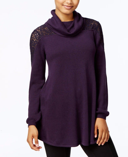 Style&Co Petite Cowl-Neck Lace Sweater Dark Grape PL