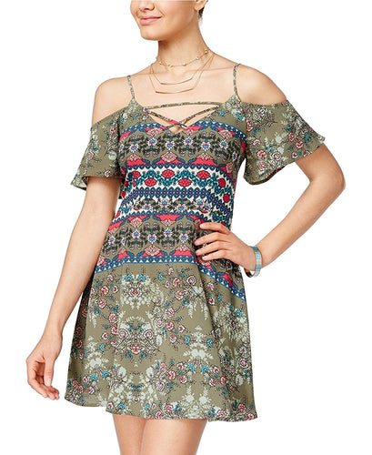 Teeze Me Juniors Cold-Shoulder Fit and Flare Dress Green Multi